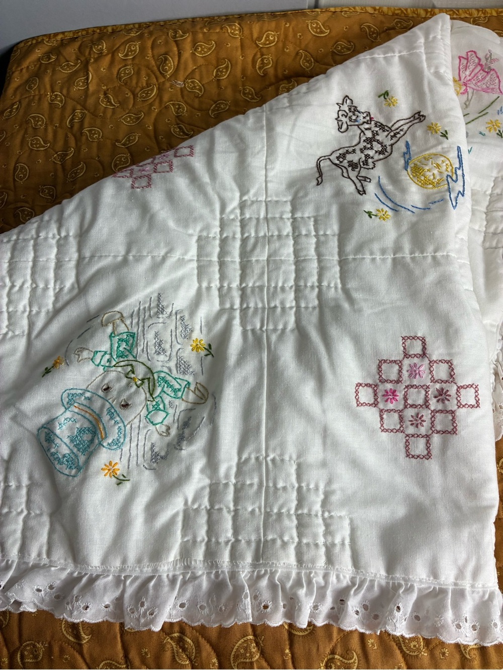 Hand-Embroidered Vintage White Cotton Baby Quilt with Eyelet Trim vintage
